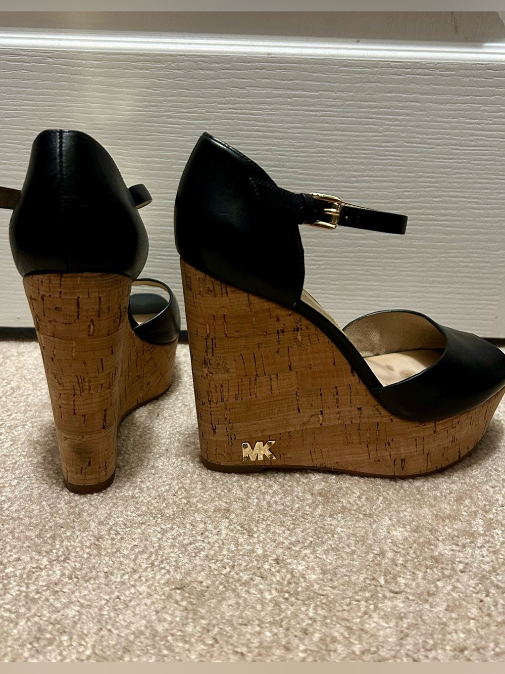 Michael Kors Black Leather Cork Wedge Sandals